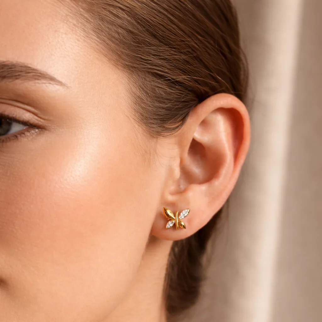 ISHQNAIN Women's Premium Gold Tone Finish Half-Pavé Butterfly Stud Earrings, Romantic Crystal Gift