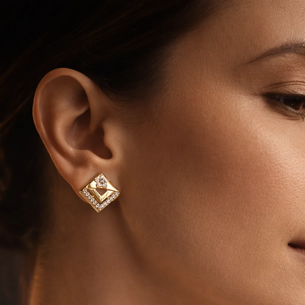 ISHQNAIN Women's Premium Gold Tone Finish Geometric Floral Envelope Stud Earrings, Modern Romantic Gift