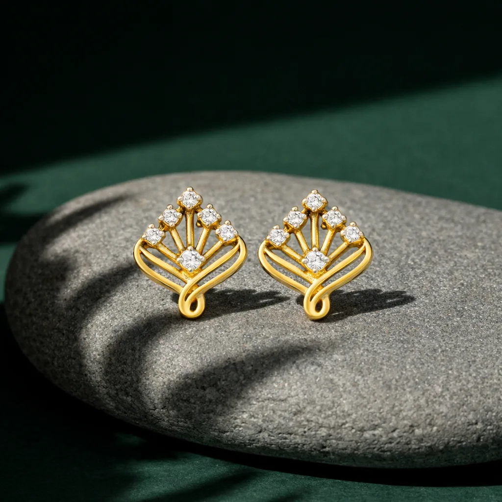 ISHQNAIN Women's Premium Gold Tone Finish Crystal Fan Stud Earrings, Vintage Art Deco Romantic Gift