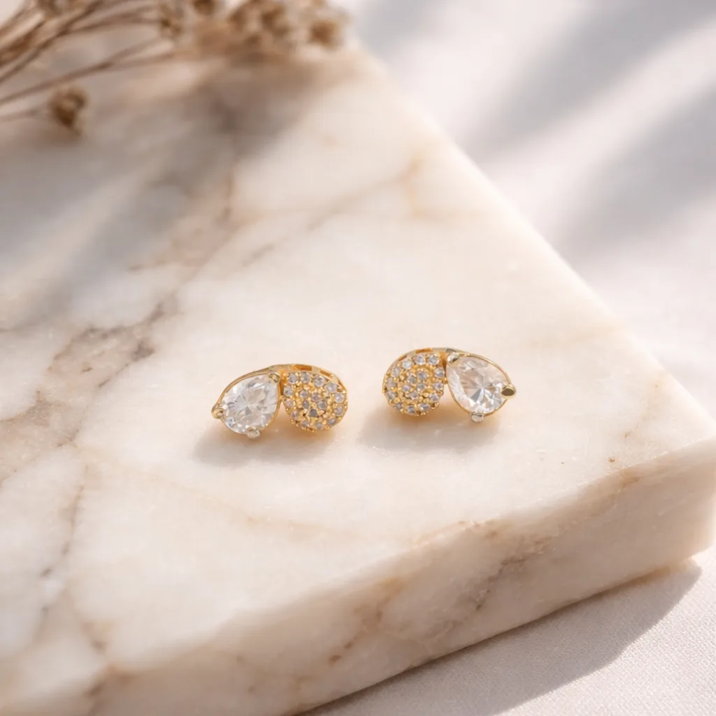 ISHQNAIN Women's Premium Gold Tone Finish Pear-Cut Crystal Toi et Moi Stud Earrings, Romantic Gift