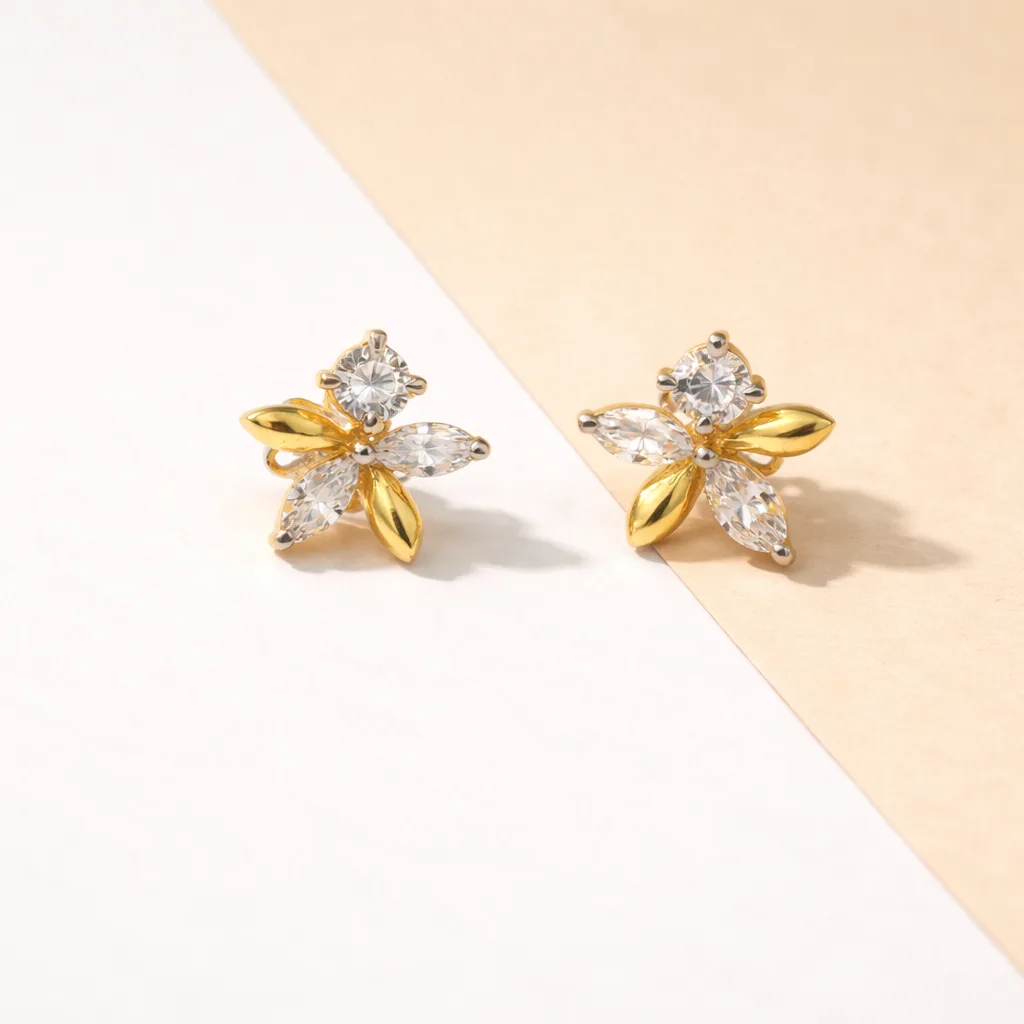 ISHQNAIN Women's Premium Gold Tone Finish Crystal Jasmine Blossom Stud Earrings, Romantic Gift