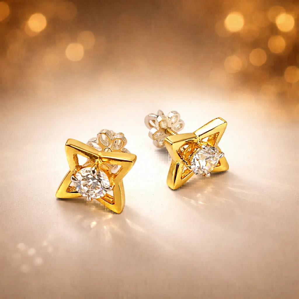 ISHQNAIN Women's Premium Gold Tone Finish Celestial Star Stud Earrings, Solitaire Crystal Gift