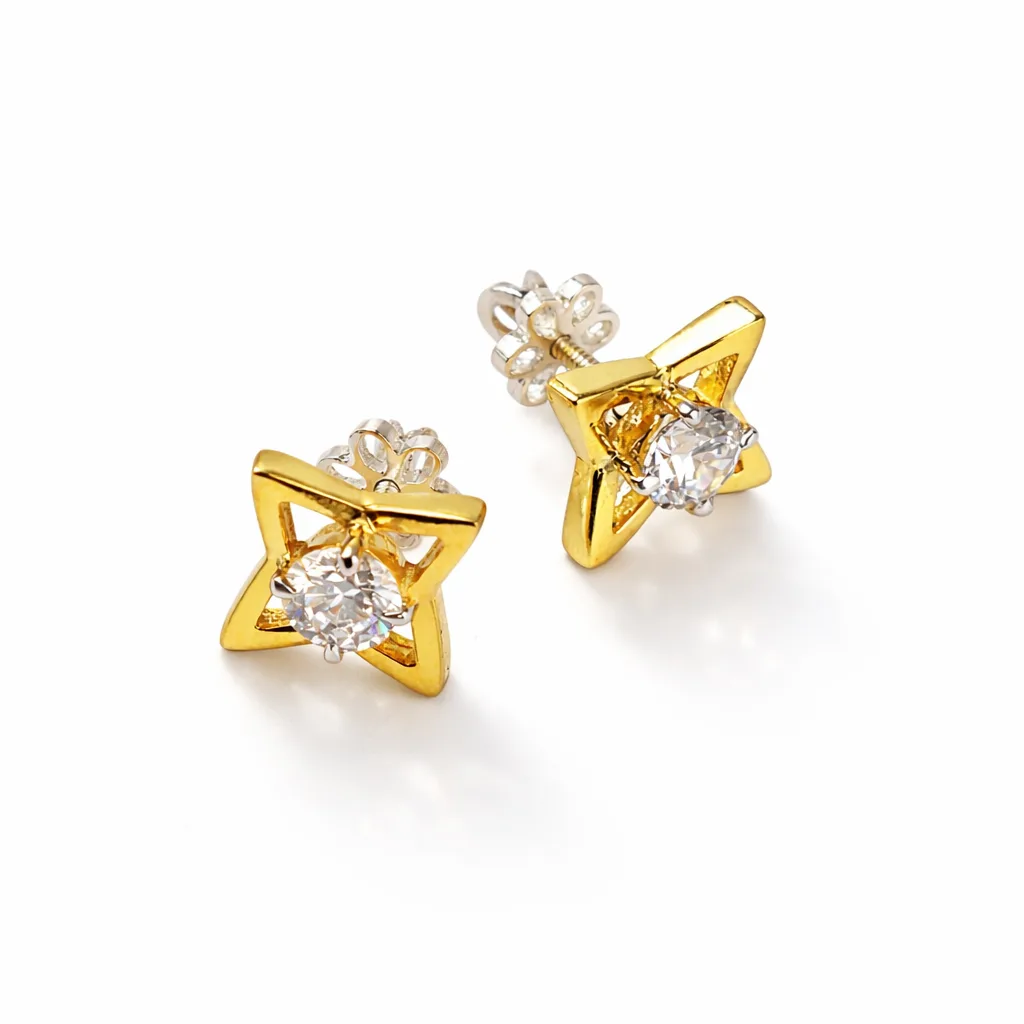 ISHQNAIN Women's Premium Gold Tone Finish Celestial Star Stud Earrings, Solitaire Crystal Gift