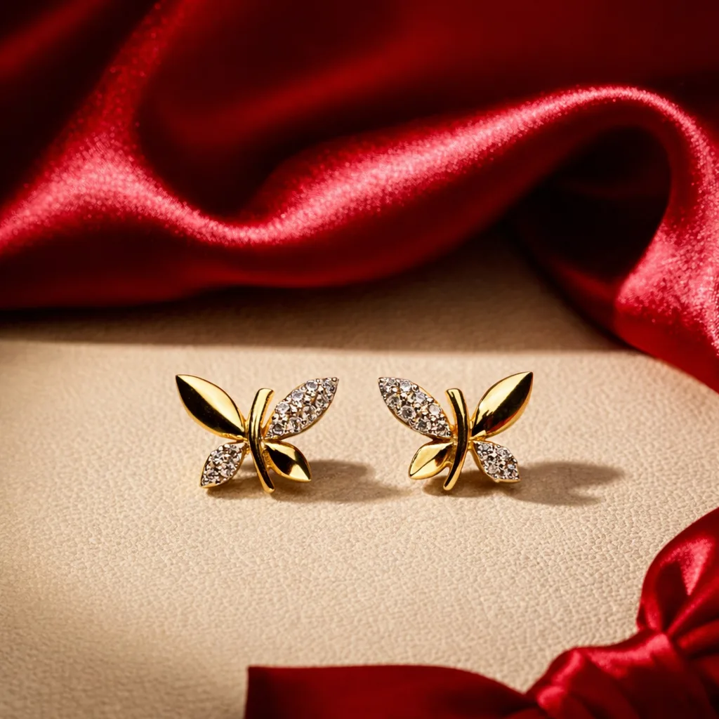 ISHQNAIN Women's Premium Gold Tone Finish Half-Pavé Butterfly Stud Earrings, Romantic Crystal Gift