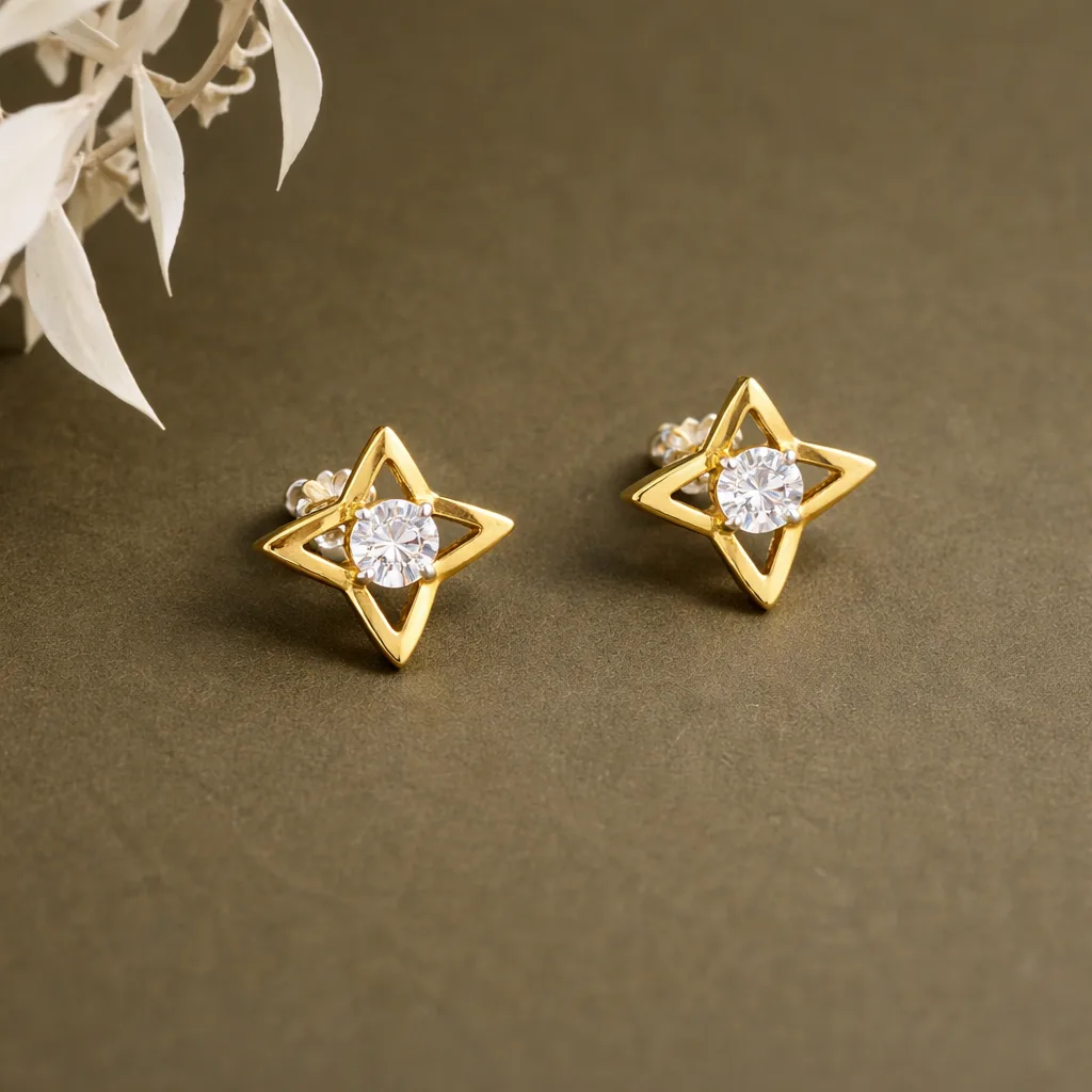 ISHQNAIN Women's Premium Gold Tone Finish Celestial Star Stud Earrings, Solitaire Crystal Gift