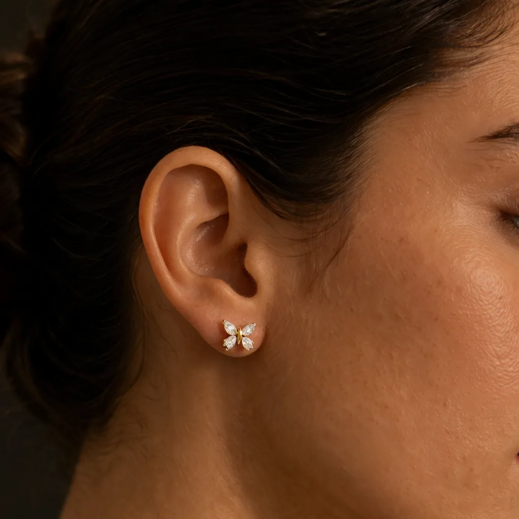 ISHQNAIN Women's Premium Gold Tone Finish Crystal Butterfly Stud Earrings, Romantic Symbolic Gift