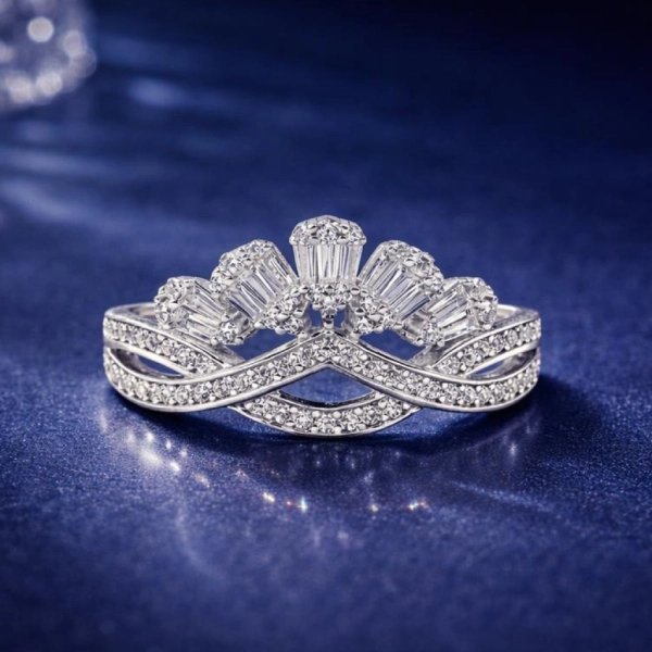 ISHQNAIN Women's 925 Sterling Silver Royal Tiara Crystal Ring, Romantic Promise Gift