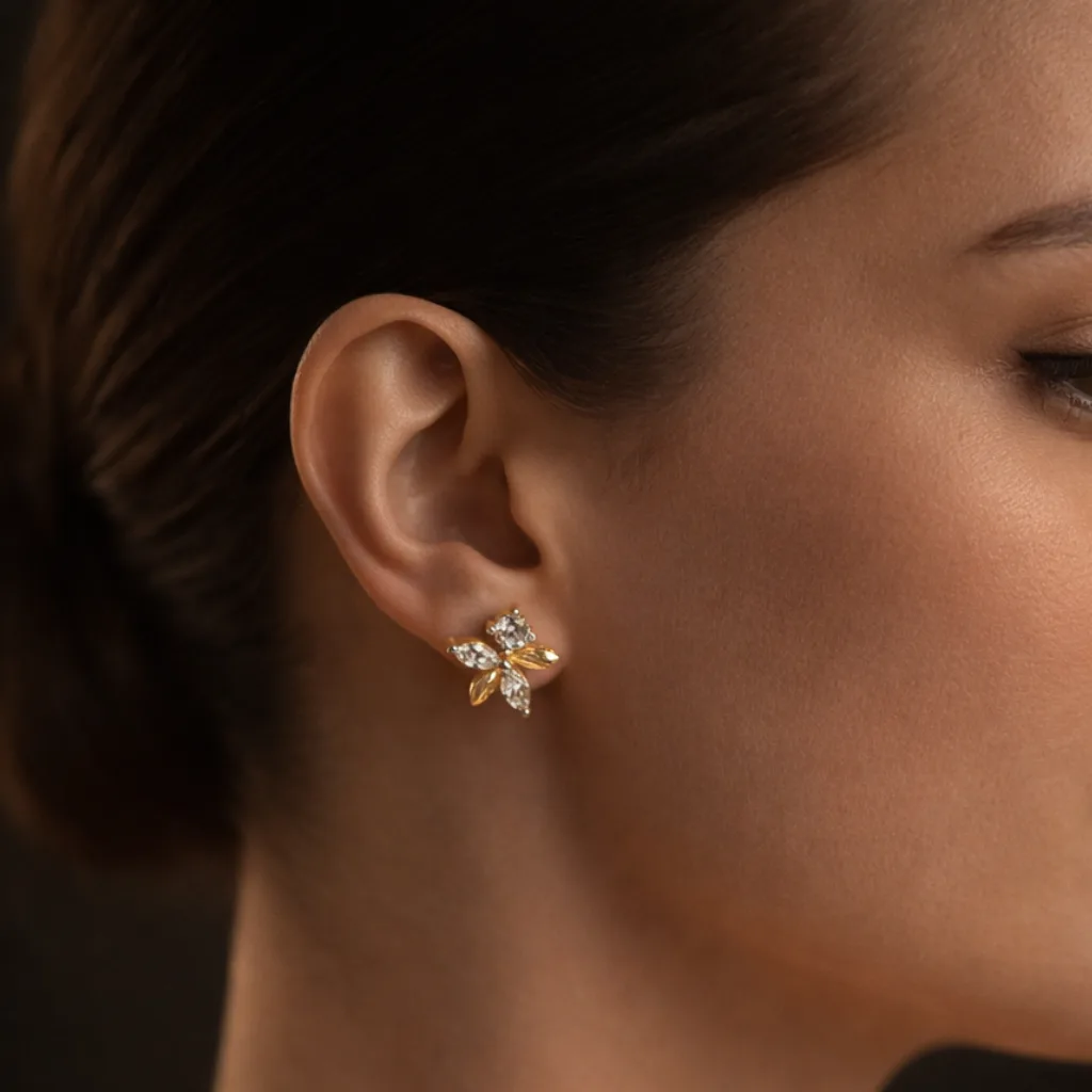 ISHQNAIN Women's Premium Gold Tone Finish Crystal Jasmine Blossom Stud Earrings, Romantic Gift